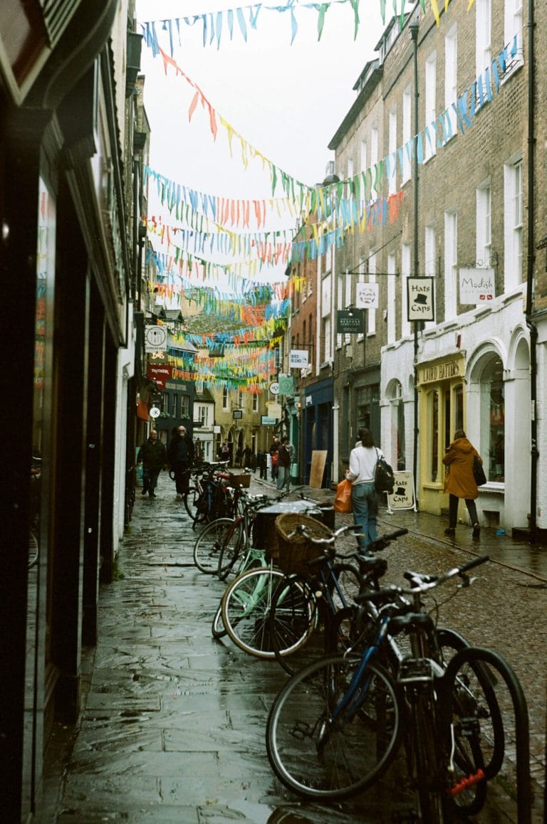 A film photo of a Cambridge alley